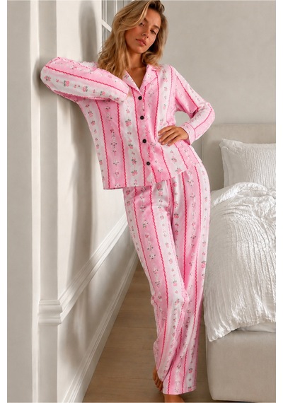 Fit Women Kadın Desenli Düğmeli Uzun Kollu Pembe Pijama Takımı