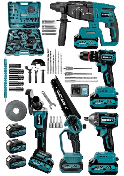 Schatz 21v Darbeli Kömürsüz 5'li Set Kırıcı Delici Hilti - Somun Sıkma Sökme - Testere - Matkap - Vidalama Mavi