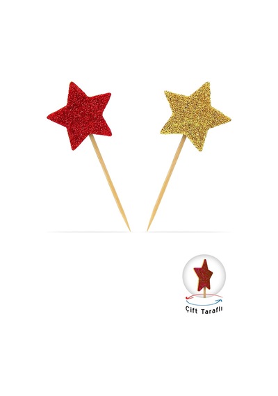 Gold-kırmızı Çift Taraflı Yıldız Simli Eva Kürdan Cupcake Toppers Cupcake Çubuğu 12'li