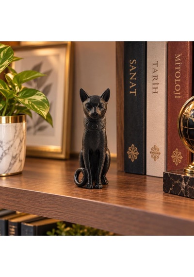 Kedi Biblo Mısır Kedisi Bastet Esintili Siyah Dekoratif Figür Ev Ofis Masa Raf Vitrin Süsü