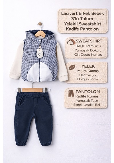 Harika Kids Erkek Bebek 3 Lü Takım 9-24 Ay Şişme Yelek %100 Pamuk Sweatshirt Kadife Pantolon Lacivert