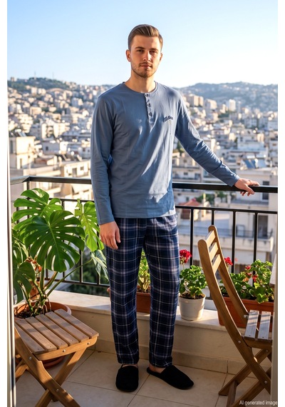 Remsa Erkek Ekose Desen Suprem Pijama Takımı 2318 Mavi
