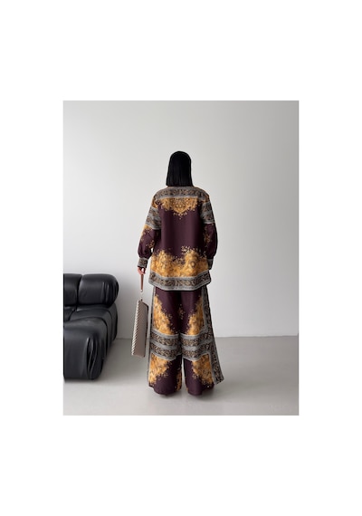 Wellway İthal Chokellaa Kumaş Çiçekli Tunik Gömlek & Pantolon 2li Takım-kahverengi -26112 Kahverengi