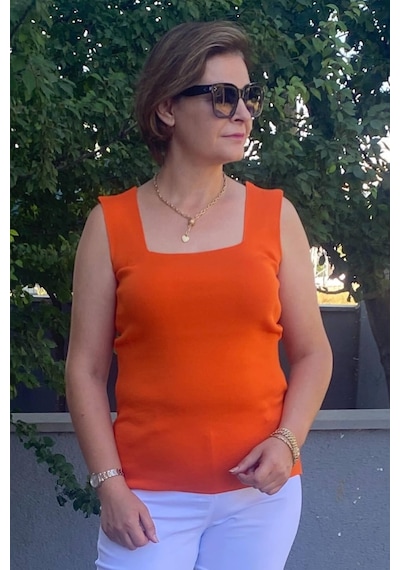 Mia Butik Büyük Beden Turuncu Kare Yaka Triko Bluz -1434 Turuncu