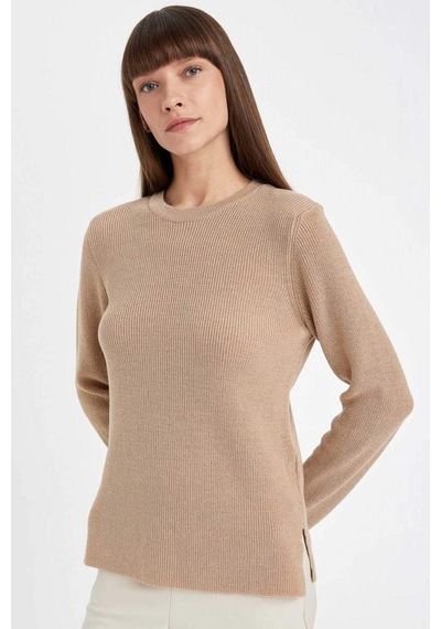 DeFacto Regular Fit Bisiklet Yaka Simli Kumaş Triko Kazak D0405AX24WNBG647 Bej
