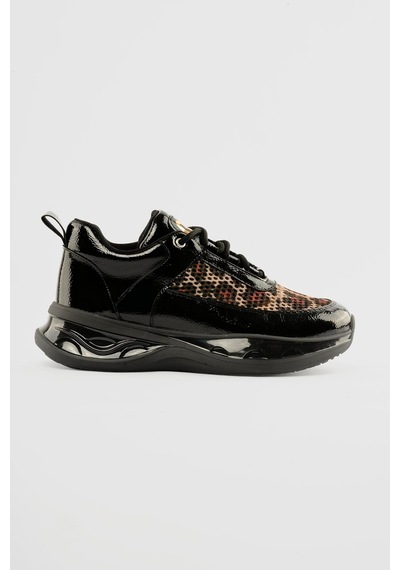 Mubiano Kadın Rugan Sneaker Leopar File Detaylı Kalın Tabanlı Bağcıklı Marsia Siyah Siyah