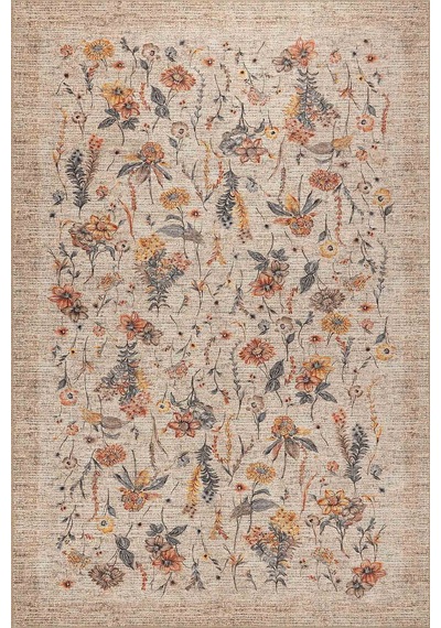 Florart Bej / Turuncu Vintage Dokulu Çiçek Desenli Dokuma Tabanlı Şönil Halı Al 470 Bej - Turuncu