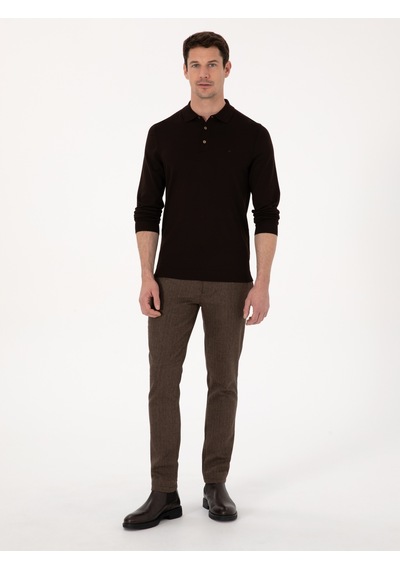 Cacharel Kahverengi Slim Fit Yün Karışımlı Balık Sırtı Kanvas Pantolon