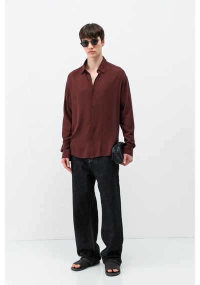 Vamos Hafif Dokulu Oversize Gömlek Bordo