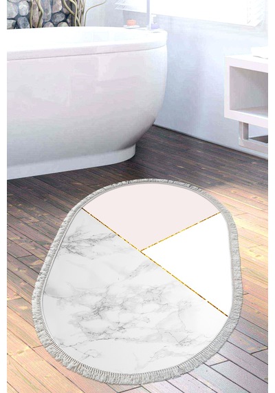 Kaymaz Dijital Mutfak & Salon Halı Trend Saçaklı Oval Geometrik E5008 Beyaz