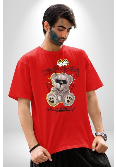 Gerçeklikten Uzak Tutun Pamuklu Bisiklet Yaka Unisex Oversize Boyfriend Dijital Baskılı Kırmızı T-shirt Kırmızı
