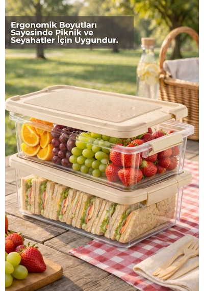 2'li Set 5lt. Decobox Çok Amaçlı Saklama Kabı - Piknik Taşıma Seti - 5lt. Krem