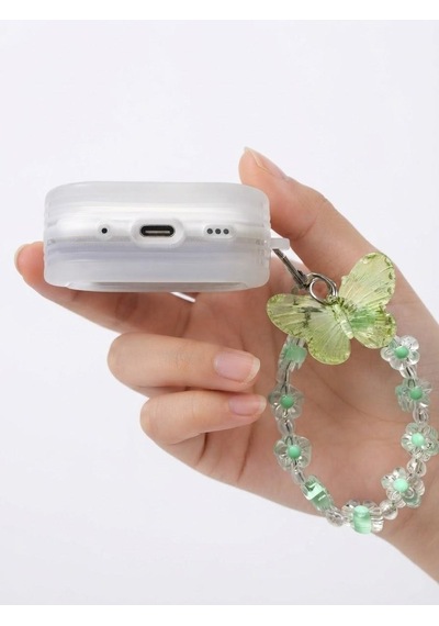 Apple AirPods 4 ve 5 Uyumlu Simli Kulaklık Kılıfı - 3d Kabartmalı Yeşil Butterfly Figürlü Boncuk Zincir Askılı Esnek Tpu Kılıf Şeffaf