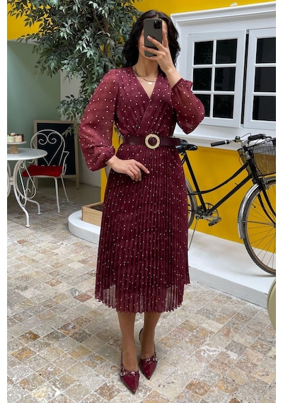 Madmext Bordo Kruvaze Yaka Puantiyeli Şifon Elbise Mg2065 Bordo