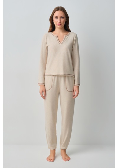 Suwen Comfort V Yaka Pijama Takımı Wsh105100931563 Krem Melanj