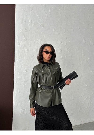 Verymoda Droplu Püsküllü Suni Deri Gömlek - F2043 Haki