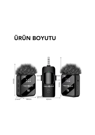 Kablosuz Yaka Mikrofonu Type-c iPhone Uyumlu Aux 2'li Gürültü Engelleyen Profesyonel Ses Kayıt Stüdyo 3in1