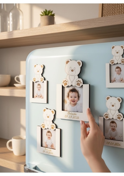 Kişiye Özel Ayıcık Figürlü Ahşap Fotoğraflı Magnet 10'lu Beyaz