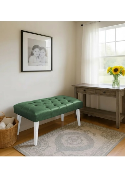 Waterybrook Bench Bank Puf - Suni Deri - Beyaz Ahşap Ayaklı - Retro Modern Tasarım & Dekoratif Sehpa Yeşil