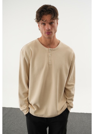 Redline Taren Oversize Erkek Kışlık Düğmeli Sweatshirt Bej