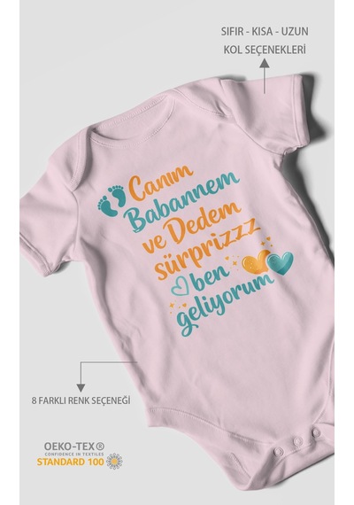 Morivokids Babaanneye Ve Dedeye Özel Kısa Kollu Bebek Body %100 Pamuk Bebe Pembe