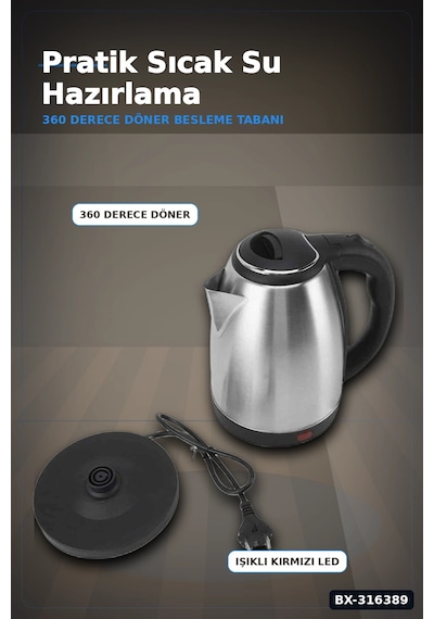 Paslanmaz Çelik Su Isıtıcı Kettle 1.8 Litre Otomatik Kapanan Gizli Rezistans Inox Bx-316389