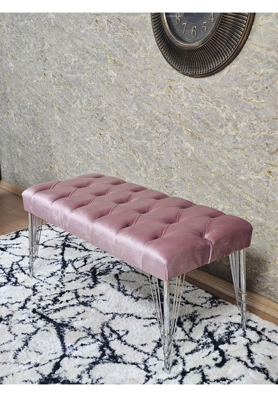 Zafir Krom Tel Ayaklı 90 Cm Puf Bench - Puf - Bench - Kasalı Oturak - Oturak - Yatak Ucu Puf Pembe