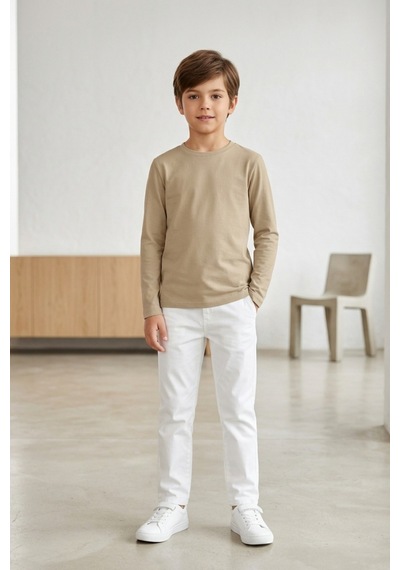 Kiagu Erkek Çocuk Uzun Kollu Basic Düz Tişört %100 Pamuk Bisiklet Yaka T-shirt 2-13 Yaş Bej