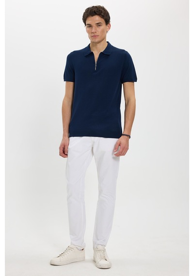 Tudors Erkek Slim Fit Dar Kesim Pamuklu Örme Triko Fermuarlı Lacivert Polo Yaka Tişört-46228