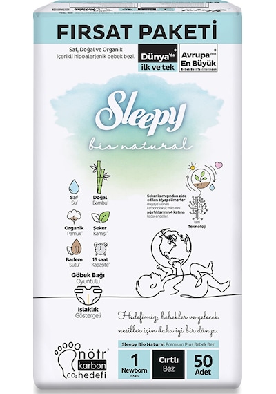 Sleepy Bio Natural Bebek Bezi 1 Numara Fırsat Paketi 50 Adet