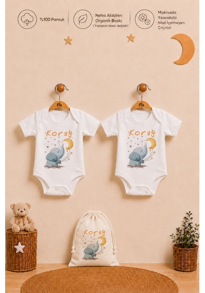 Pia Baby İsme Özel Erkek Bebek Hediye Seti 2'li %100 Pamuk Organik Baskılı Çıtçıtlı Body Zıbın Ve Ham Bez Bebek Kıyafet Kesesi 2068b2k2x Krem