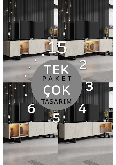 Zenit Siyah Demir Ayaklı Rgb Led Işık Sistemli Traverten Tv Ünitesi Tv Sehpası Traverten - Siyah