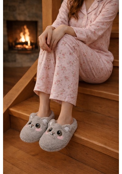 Modafrato Teddy Bear Kadın Ev Terliği Kışlık Terlik Kauçuk Ses Yapmayan Taban Gri