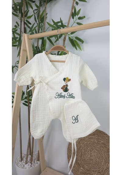 Gros Shop Müslin Yeni Doğan 4katlı Organik %100pamuk Kişiye Özgü Nakışlı Hastane Çıkış Seti-yeşil Ayıcık Balon Ekru-1