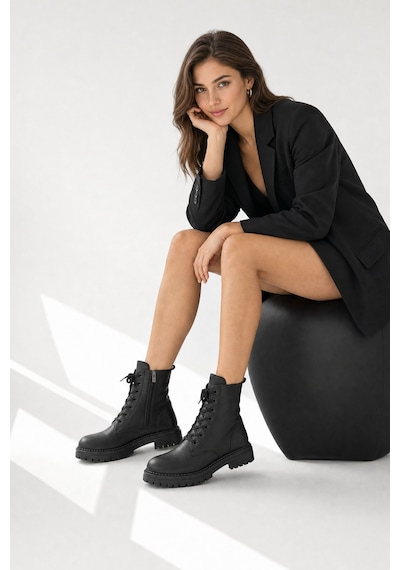 Luvi Shoes Barrel Siyah Cilt Bağcıklı Fermuarlı Kadın Postal Bot