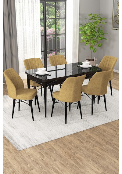 Arel Siyah Mermer 80x132 Açılabilir Mdf Masa Yemek Odası Takımı, Mutfak Takımı 6 Adet Sandalye Siyah Mermer - 6 Cappuccino - Siyah Ayak Arel Siyah Mermer 80x132 Açılabilir Mdf Masa Yemek Odası Takımı, Mutfak Takımı 6 Adet Sandalye Siyah Mermer - 6 Cappuccino - Siyah Ayak