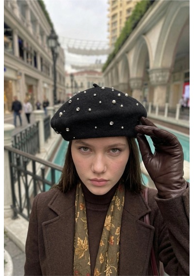 Mollycrush Kadın Siyah Pırlanta Taşlı Yün Ressam Bere Kışlık Şık Tasarım Fransız Tarzı Şapka Siyah