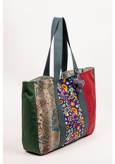 Fabric Craft Bag Omuz Çantası Kadın Duck Kumaş Desenli Büyük Boy Günlük Çanta Yeşil - Kırmızı