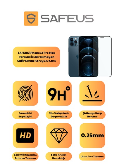 Safeus Tam Kaplayan Parmak İzi Bırakmayan Safir Ekran Koruyucu Cam , Apple Uyumlu iPhone 12 Pro Max İle