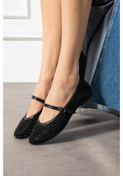 Shoetek Gayz Kadın Babet Önden Bantlı Full Taşlı Siyah Siyah