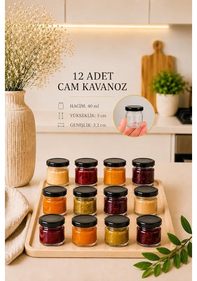 12 Adet 40 Ml Siyah Metal Kapaklı Şeffaf Numune Mama Ek Gıda Şekerleme Reçellik Küçük Cam Kavan