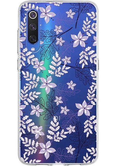 Xiaomi Mi 9 Uyumlu Kapak Floral Lila Tasarımlı Şeffaf Silikon Kılıf