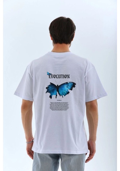 Vinevesta Erkek Kısa Kol Yazlık Tişört Bisiklet Yaka Kelebek Baskılı T-shirt - Beyaz Çok Renkli