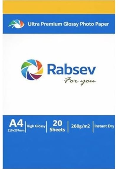Rabsev Ultra Premium Parlak Fotoğraf Kağıdı, A4, 260g/m2, Hızlı Kuruyan, 20 Yaprak