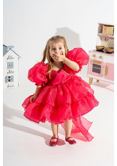 Linola Baby Kids Puffy Şifon Kız Çocuk Parti Elbisesi Fuşya