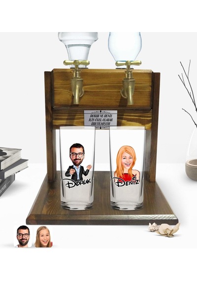 Kişiye Özel Erkek Ve Kadın Tasarımlı İkili Rakı Bardağı Ve Çift Musluklu Doğal Ahşap Rakı Standı-4