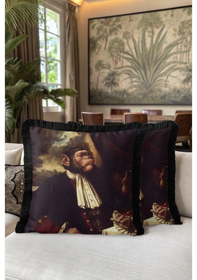 Klasik Portre Lüx Saçaklı Yastık Kılıfı-uniformalı Maymun Siyah Vintage Püsküllü Kırlent Kılıfı Çok Renkli