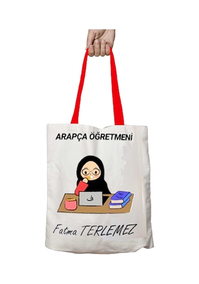 Art Hediye Kırmızı Kulplu Kişiye Özel Arapça Öğretmeni Elif Ba Yıkanabilir Omuz Çanta Çok Renkli
