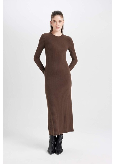 Defacto Bodycon Vücudu Saran Bisiklet Yaka Basic Düz Kaşkorse Uzun Kollu Maxi Elbise D3373AX24WNBN322 Kahve
