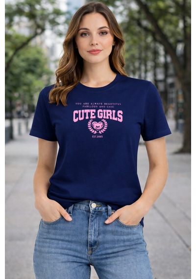 Herkesemoda Cute Girls Baskı Detaylı Basic T-shırt Lacivert